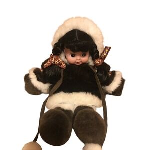 Vintage Eskimo Doll Souvenir Fur Hood Braids Plush Toy Collectible Decor‎